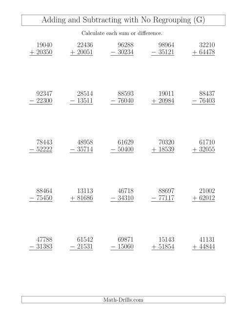 The Mixed Addition and Subtraction of Five-Digit Numbers with No Regrouping (G) Math Worksheet
