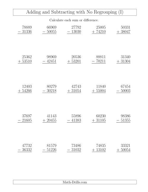 The Mixed Addition and Subtraction of Five-Digit Numbers with No Regrouping (I) Math Worksheet