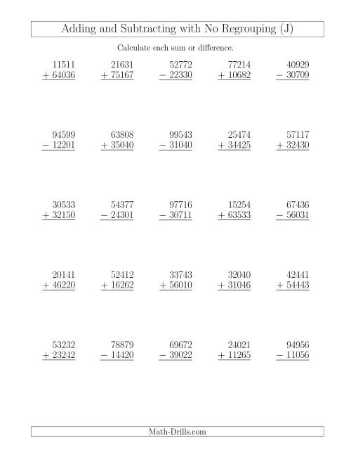 The Mixed Addition and Subtraction of Five-Digit Numbers with No Regrouping (J) Math Worksheet