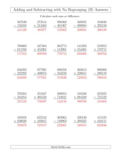 The Mixed Addition and Subtraction of Six-Digit Numbers with No Regrouping (B) Math Worksheet Page 2