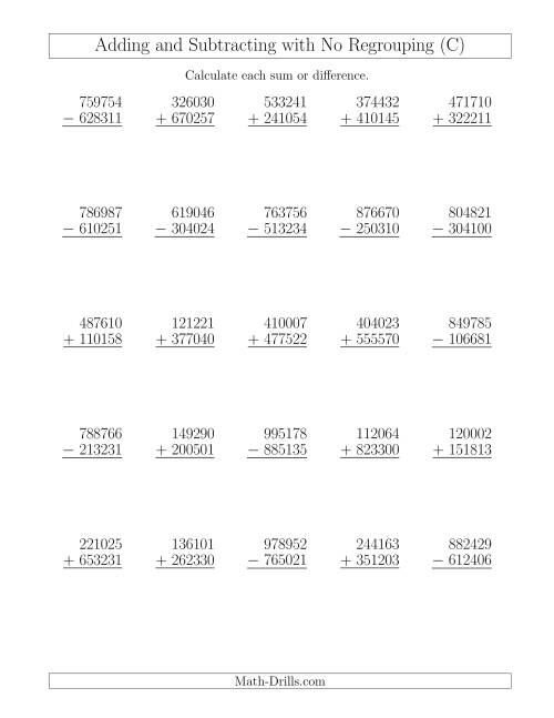 The Mixed Addition and Subtraction of Six-Digit Numbers with No Regrouping (C) Math Worksheet