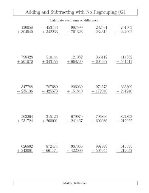 The Mixed Addition and Subtraction of Six-Digit Numbers with No Regrouping (G) Math Worksheet