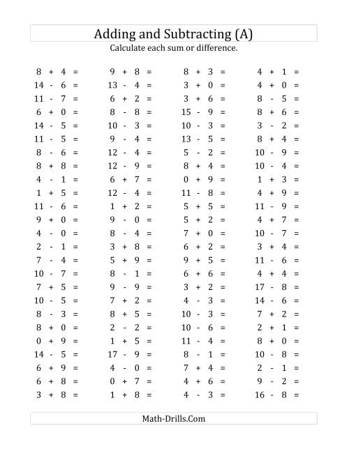 The 100 Horizontal Addition/Subtraction Questions (Facts 0 to 9) (A) Math Worksheet