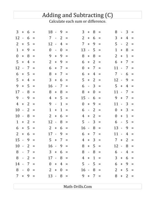 The 100 Horizontal Addition/Subtraction Questions (Facts 0 to 9) (C) Math Worksheet