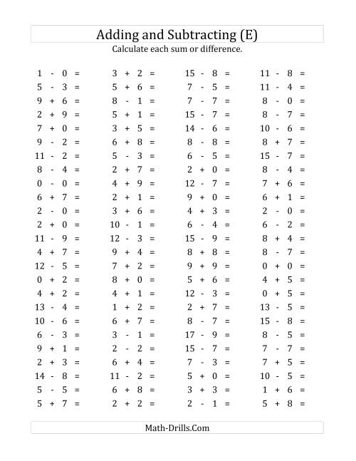 The 100 Horizontal Addition/Subtraction Questions (Facts 0 to 9) (E) Math Worksheet