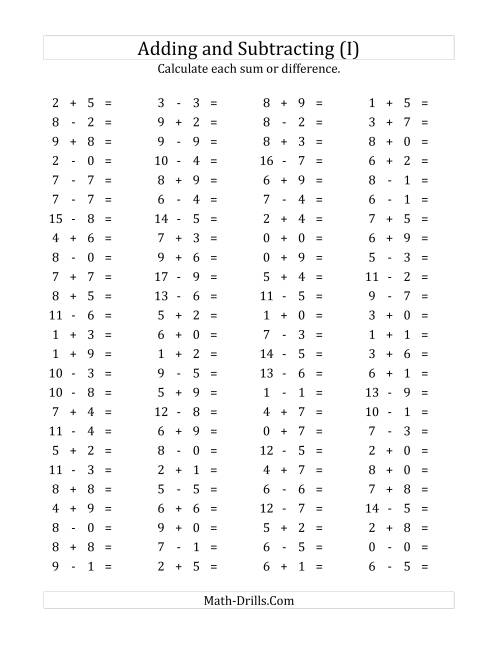 The 100 Horizontal Addition/Subtraction Questions (Facts 0 to 9) (I) Math Worksheet