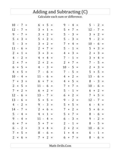 The 100 Horizontal Addition/Subtraction Questions (Facts 1 to 7) (C) Math Worksheet