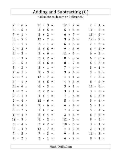 The 100 Horizontal Addition/Subtraction Questions (Facts 1 to 7) (G) Math Worksheet