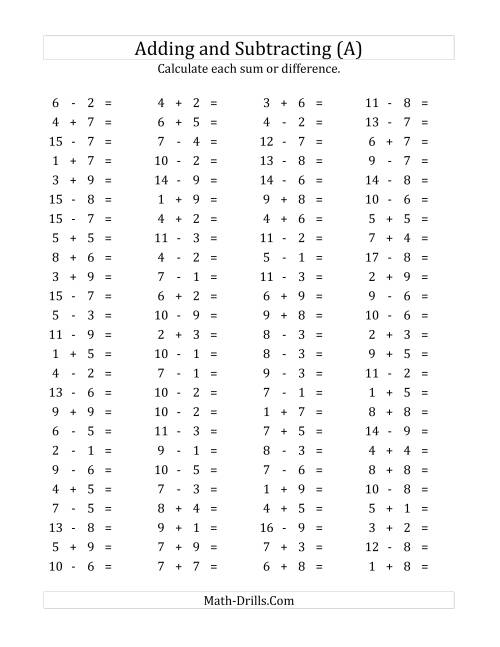 The 100 Horizontal Addition/Subtraction Questions (Facts 1 to 9) (A) Math Worksheet
