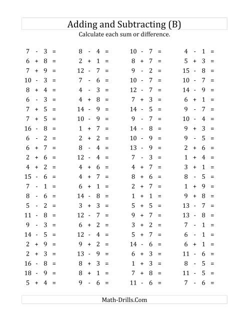 The 100 Horizontal Addition/Subtraction Questions (Facts 1 to 9) (B) Math Worksheet