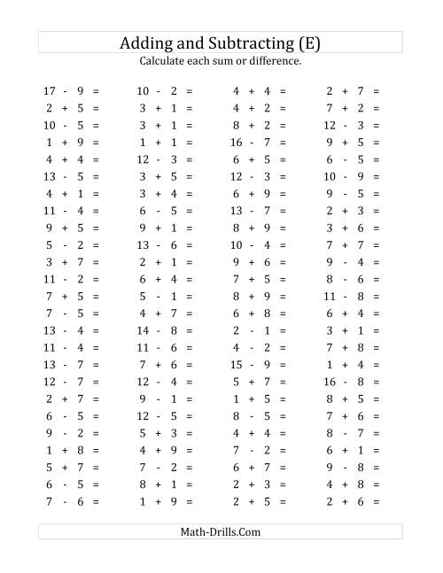 The 100 Horizontal Addition/Subtraction Questions (Facts 1 to 9) (E) Math Worksheet