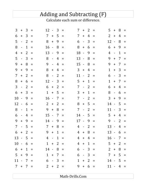 The 100 Horizontal Addition/Subtraction Questions (Facts 1 to 9) (F) Math Worksheet