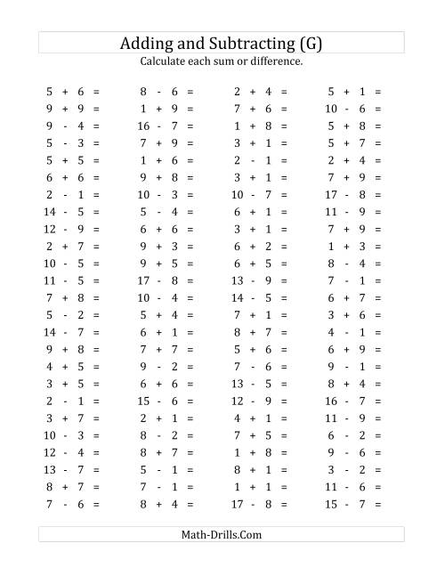 The 100 Horizontal Addition/Subtraction Questions (Facts 1 to 9) (G) Math Worksheet