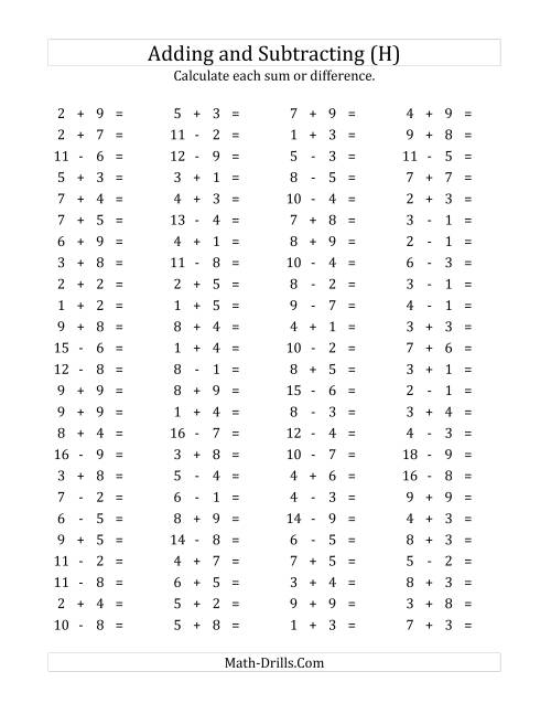 The 100 Horizontal Addition/Subtraction Questions (Facts 1 to 9) (H) Math Worksheet