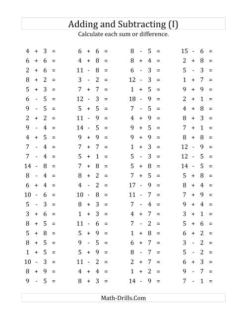 The 100 Horizontal Addition/Subtraction Questions (Facts 1 to 9) (I) Math Worksheet