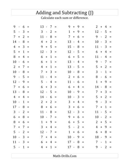 The 100 Horizontal Addition/Subtraction Questions (Facts 1 to 9) (J) Math Worksheet