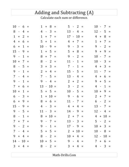 The 100 Horizontal Addition/Subtraction Questions (Facts 1 to 10) (A) Math Worksheet