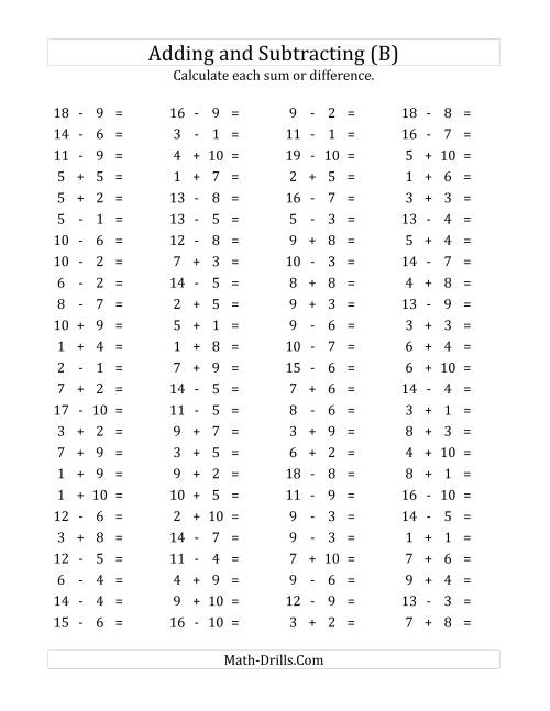 The 100 Horizontal Addition/Subtraction Questions (Facts 1 to 10) (B) Math Worksheet