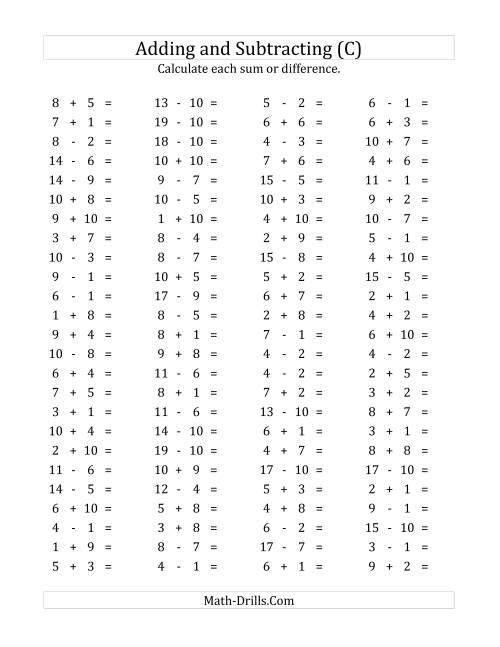The 100 Horizontal Addition/Subtraction Questions (Facts 1 to 10) (C) Math Worksheet