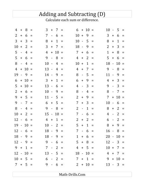 The 100 Horizontal Addition/Subtraction Questions (Facts 1 to 10) (D) Math Worksheet