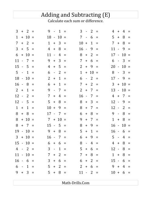 The 100 Horizontal Addition/Subtraction Questions (Facts 1 to 10) (E) Math Worksheet