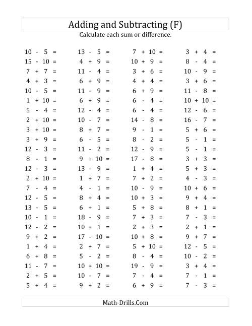 The 100 Horizontal Addition/Subtraction Questions (Facts 1 to 10) (F) Math Worksheet