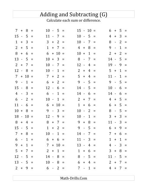The 100 Horizontal Addition/Subtraction Questions (Facts 1 to 10) (G) Math Worksheet