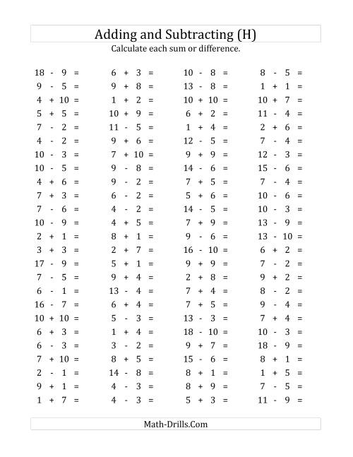 The 100 Horizontal Addition/Subtraction Questions (Facts 1 to 10) (H) Math Worksheet