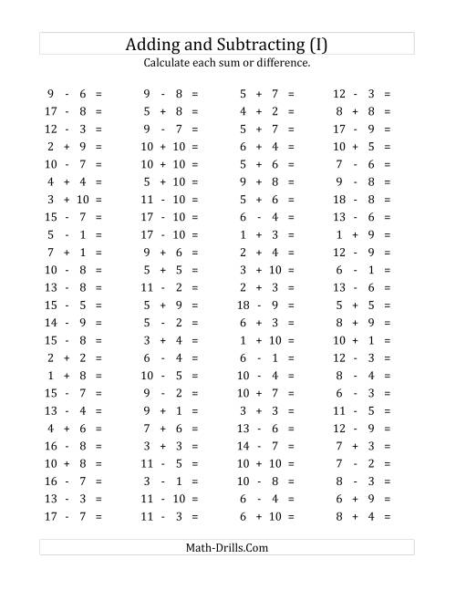 The 100 Horizontal Addition/Subtraction Questions (Facts 1 to 10) (I) Math Worksheet
