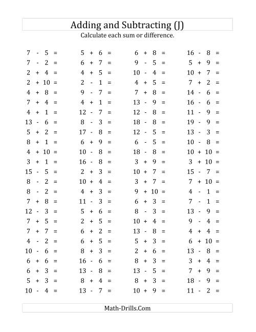 The 100 Horizontal Addition/Subtraction Questions (Facts 1 to 10) (J) Math Worksheet
