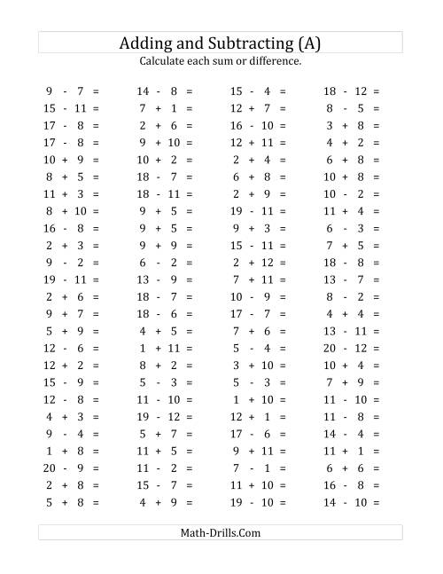The 100 Horizontal Addition/Subtraction Questions (Facts 1 to 12) (A) Math Worksheet