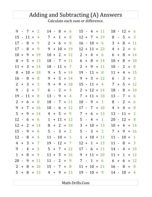The 100 Horizontal Addition/Subtraction Questions (Facts 1 to 12) (A) Math Worksheet Page 2