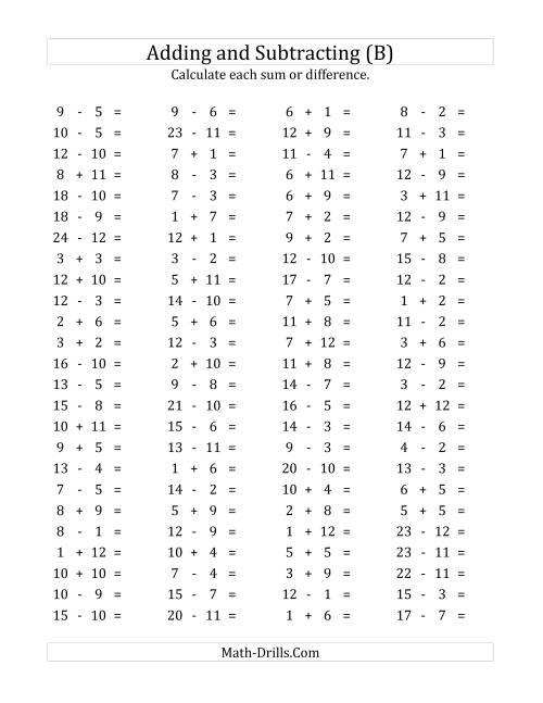 The 100 Horizontal Addition/Subtraction Questions (Facts 1 to 12) (B) Math Worksheet