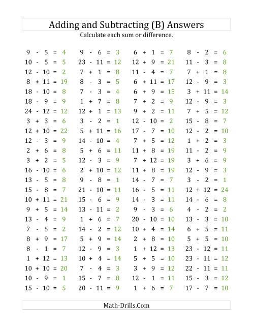 The 100 Horizontal Addition/Subtraction Questions (Facts 1 to 12) (B) Math Worksheet Page 2