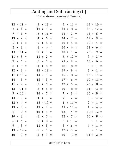 The 100 Horizontal Addition/Subtraction Questions (Facts 1 to 12) (C) Math Worksheet