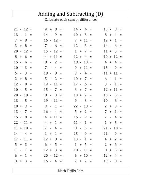 The 100 Horizontal Addition/Subtraction Questions (Facts 1 to 12) (D) Math Worksheet