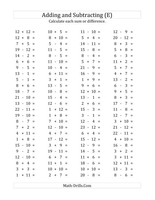 The 100 Horizontal Addition/Subtraction Questions (Facts 1 to 12) (E) Math Worksheet
