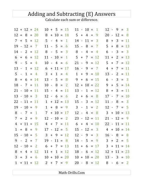 The 100 Horizontal Addition/Subtraction Questions (Facts 1 to 12) (E) Math Worksheet Page 2