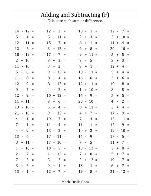 The 100 Horizontal Addition/Subtraction Questions (Facts 1 to 12) (F) Math Worksheet