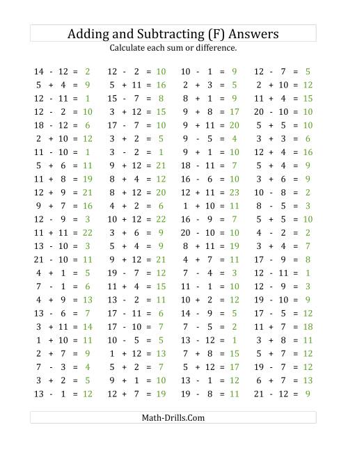 The 100 Horizontal Addition/Subtraction Questions (Facts 1 to 12) (F) Math Worksheet Page 2