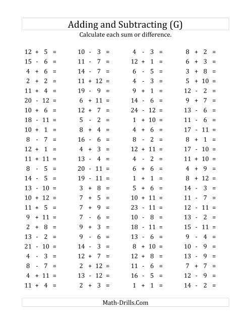 The 100 Horizontal Addition/Subtraction Questions (Facts 1 to 12) (G) Math Worksheet