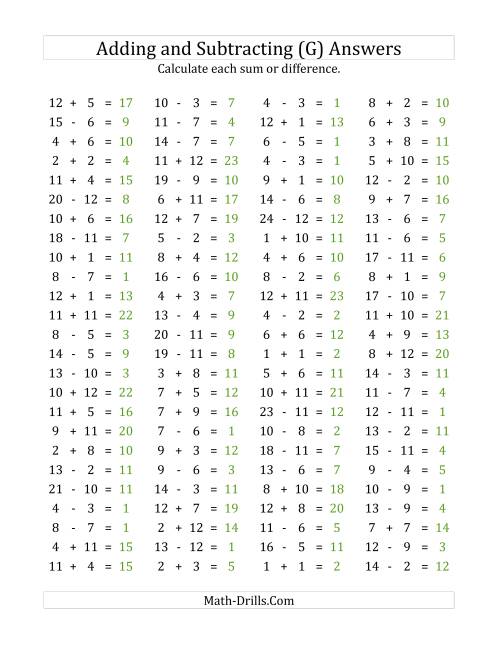 The 100 Horizontal Addition/Subtraction Questions (Facts 1 to 12) (G) Math Worksheet Page 2