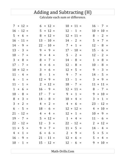 The 100 Horizontal Addition/Subtraction Questions (Facts 1 to 12) (H) Math Worksheet