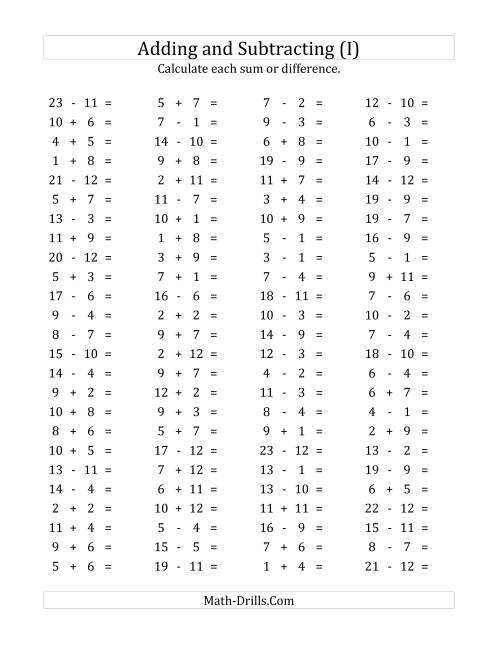 The 100 Horizontal Addition/Subtraction Questions (Facts 1 to 12) (I) Math Worksheet