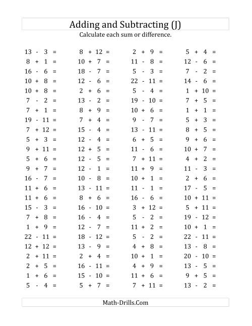 The 100 Horizontal Addition/Subtraction Questions (Facts 1 to 12) (J) Math Worksheet