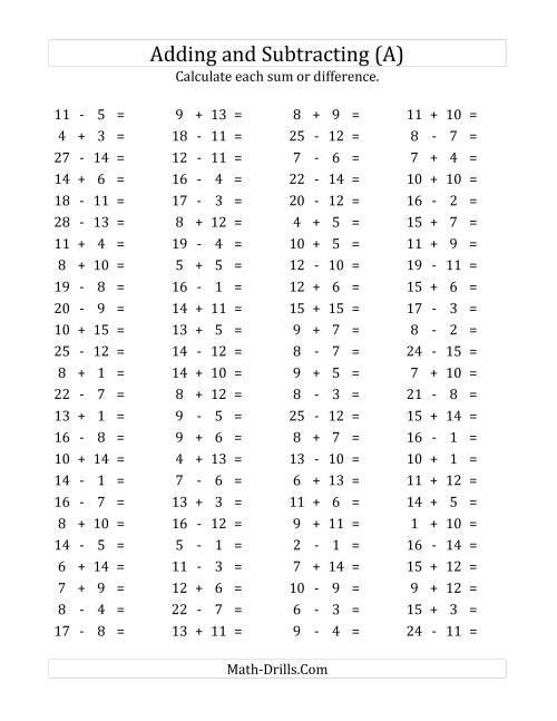 The 100 Horizontal Addition/Subtraction Questions (Facts 1 to 15) (A) Math Worksheet