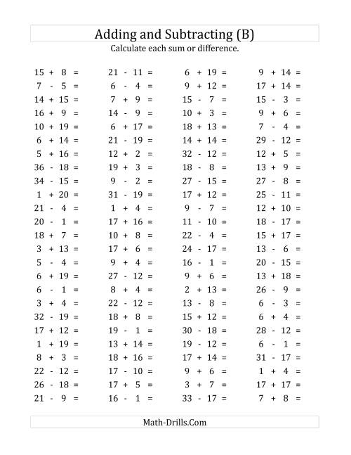 The 100 Horizontal Addition/Subtraction Questions (Facts 1 to 20) (B) Math Worksheet