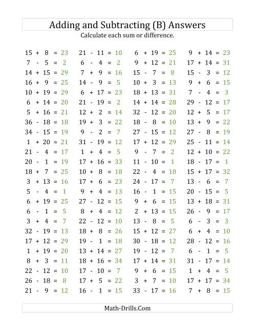 The 100 Horizontal Addition/Subtraction Questions (Facts 1 to 20) (B) Math Worksheet Page 2