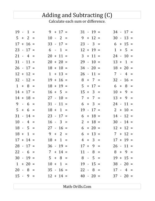 The 100 Horizontal Addition/Subtraction Questions (Facts 1 to 20) (C) Math Worksheet