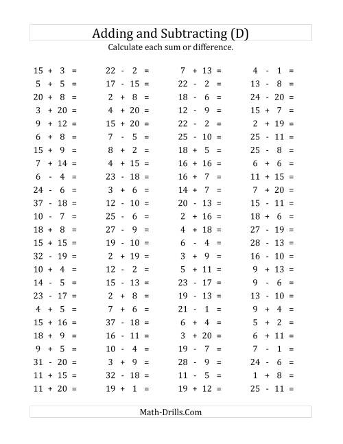 The 100 Horizontal Addition/Subtraction Questions (Facts 1 to 20) (D) Math Worksheet